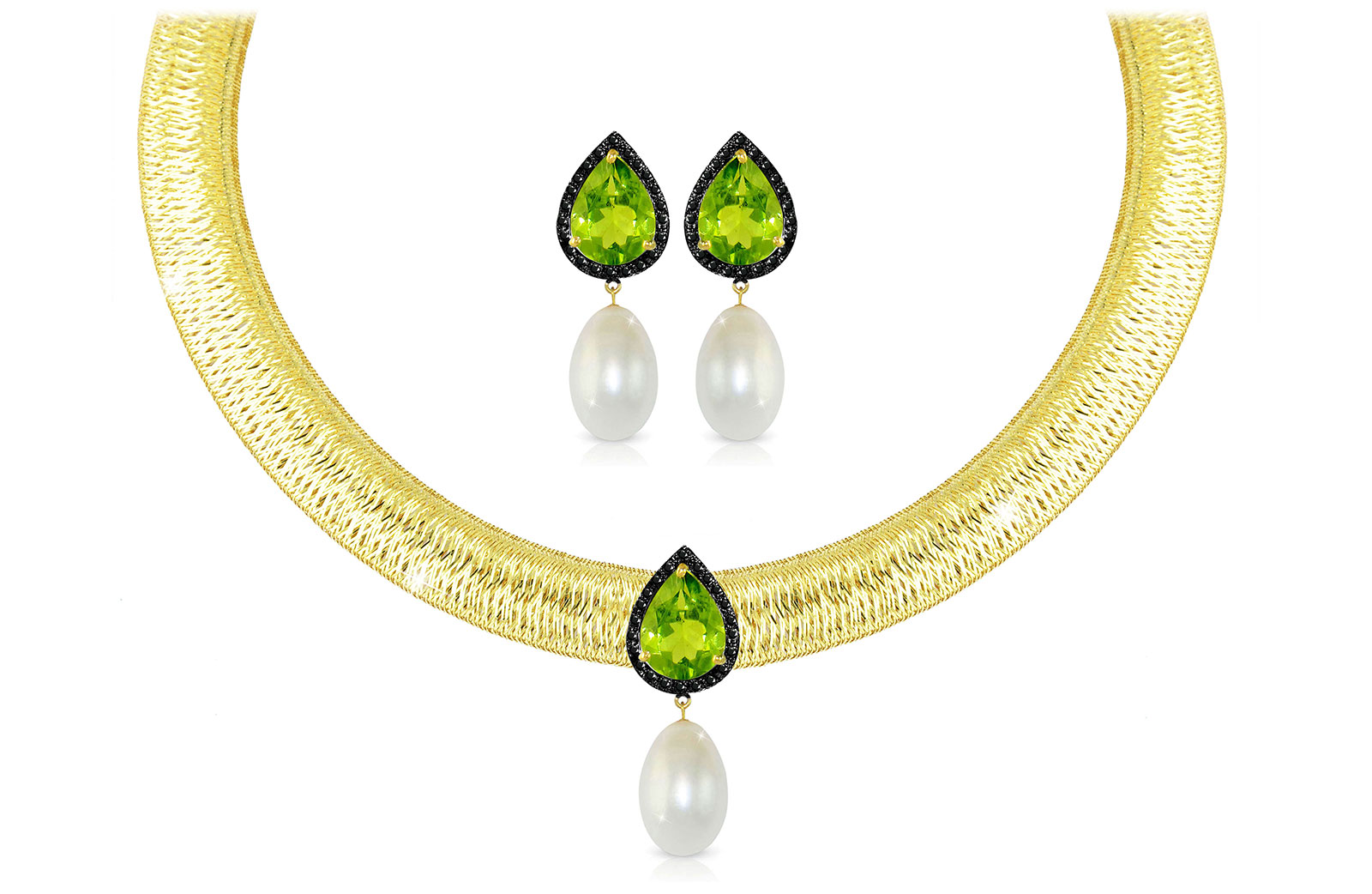 Vera Perla 18K Gold 0.36ct Black Diamonds, Peridot and 13mm White Pearl Jewelry Set - 2 pcs.